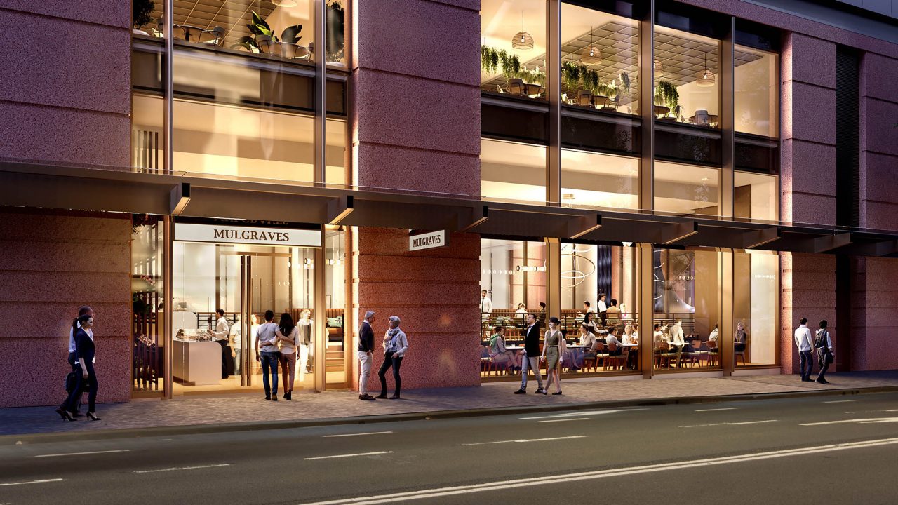 Artist's impression night time view of north tower ground floor on Elizabeth Street, showing exterior of retail precinct