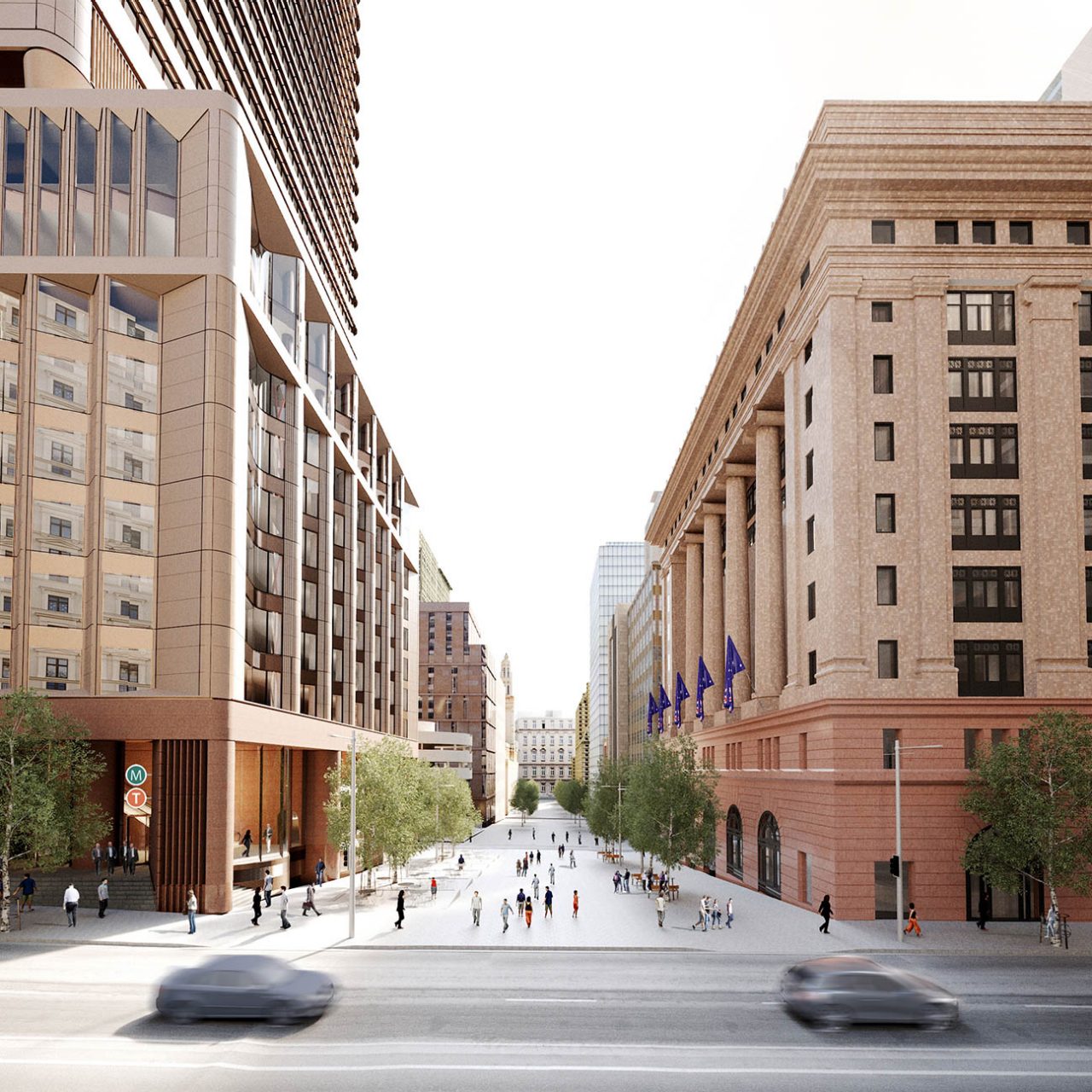 Artist's impression of the Martin Place precinct, looking west on Elizabeth Street, with south tower and station entrance on left
