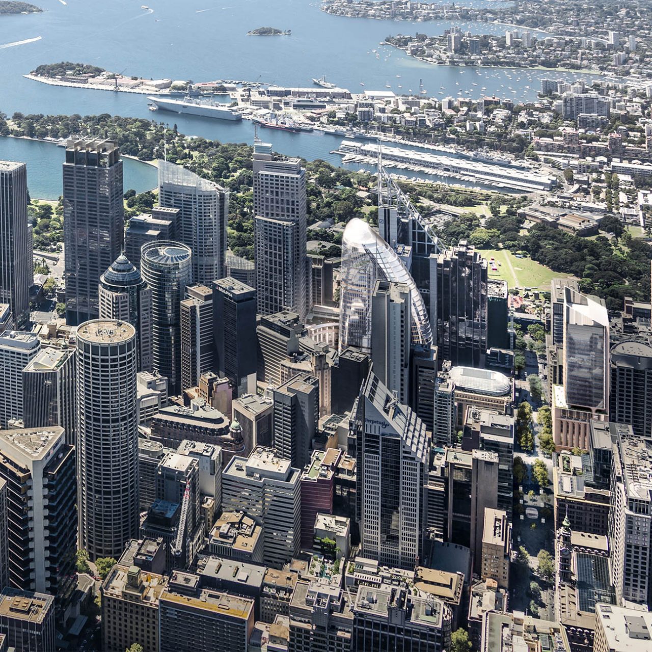Artist's impression Martin Place precinct within Sydney skyline, showing placement of towers in relation to neighbouring buildings and landmarks