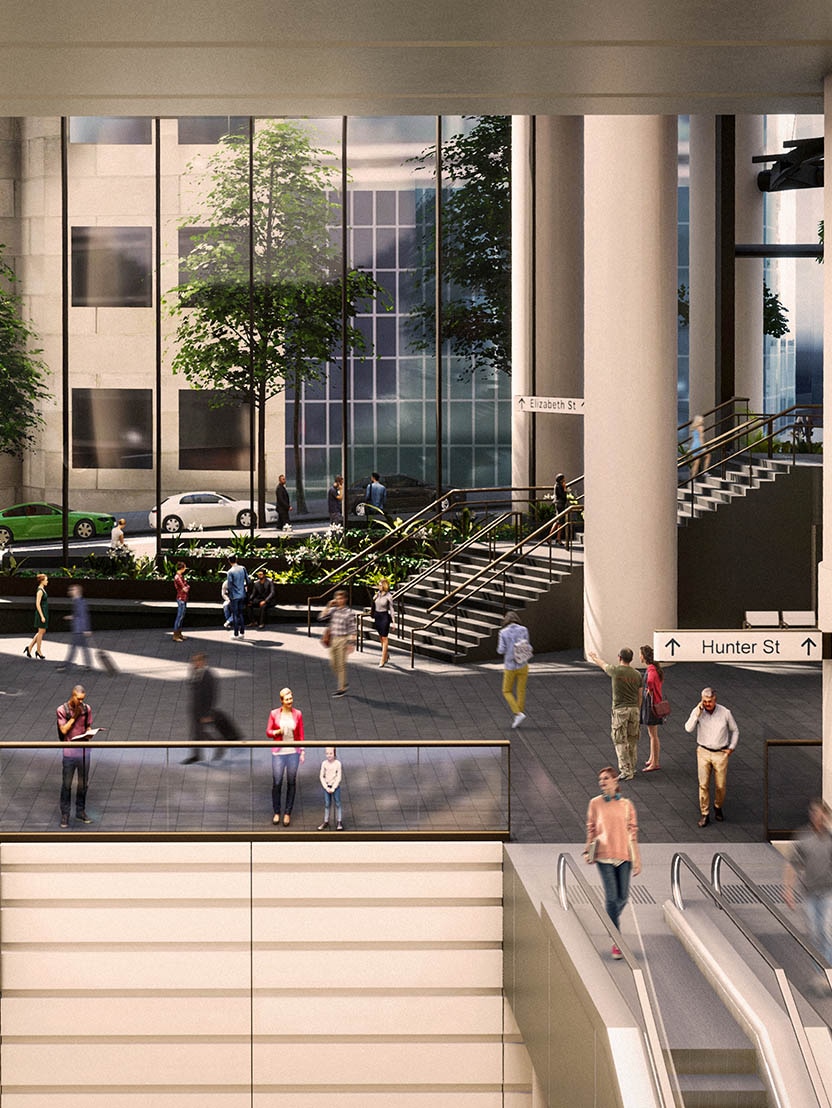 Artist's impression of ground level north tower atrium, with public spaces connecting offices above and precinct below