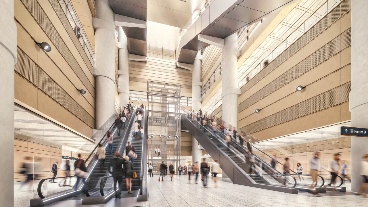 Artist's impression of northern transit hall, with natural light and glimpse of sky en route to the precinct