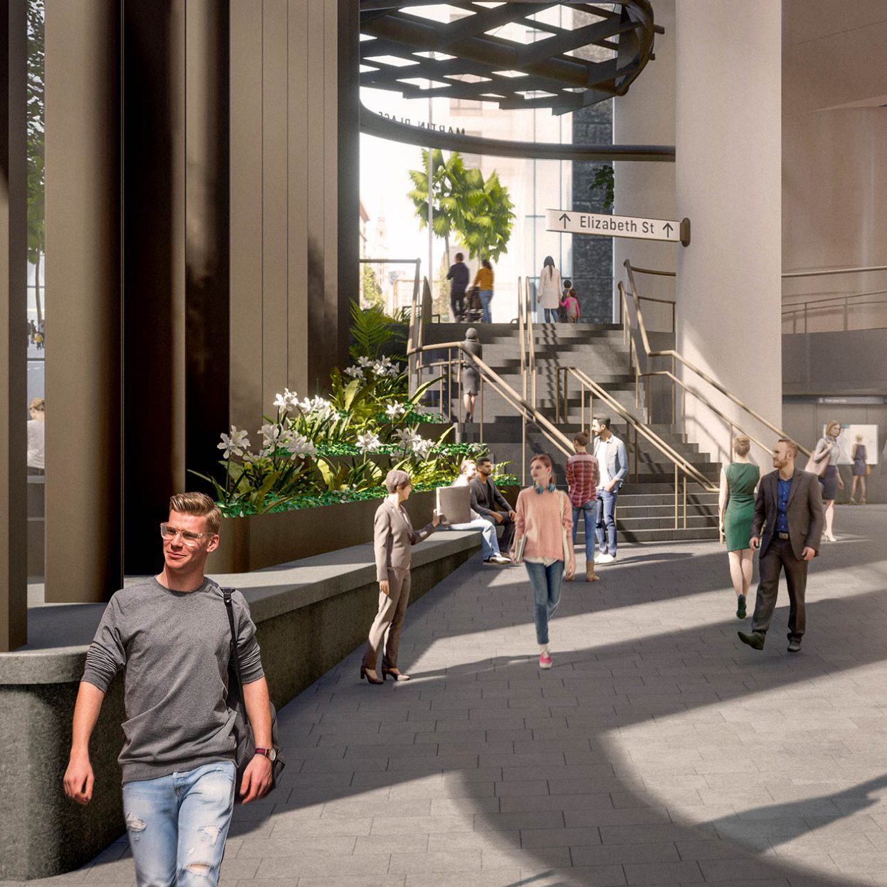 Artist's impression of north atrium ground floor, showing publically accessible space with native plantings