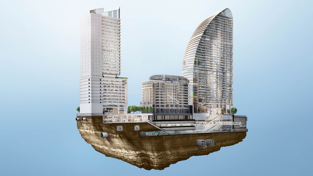 Artist's cross section of Martin Place complex, showing station, underground connections and north and south towers