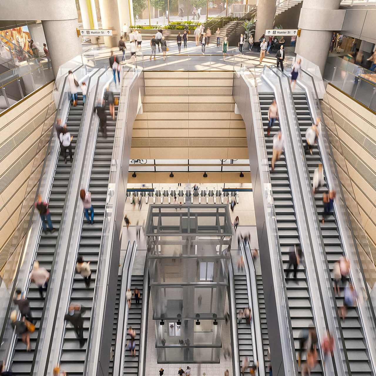 Artist's impression escalators down from north tower atrium, with natural light, glimpse of sky en route to retail and dining precinct, metro station