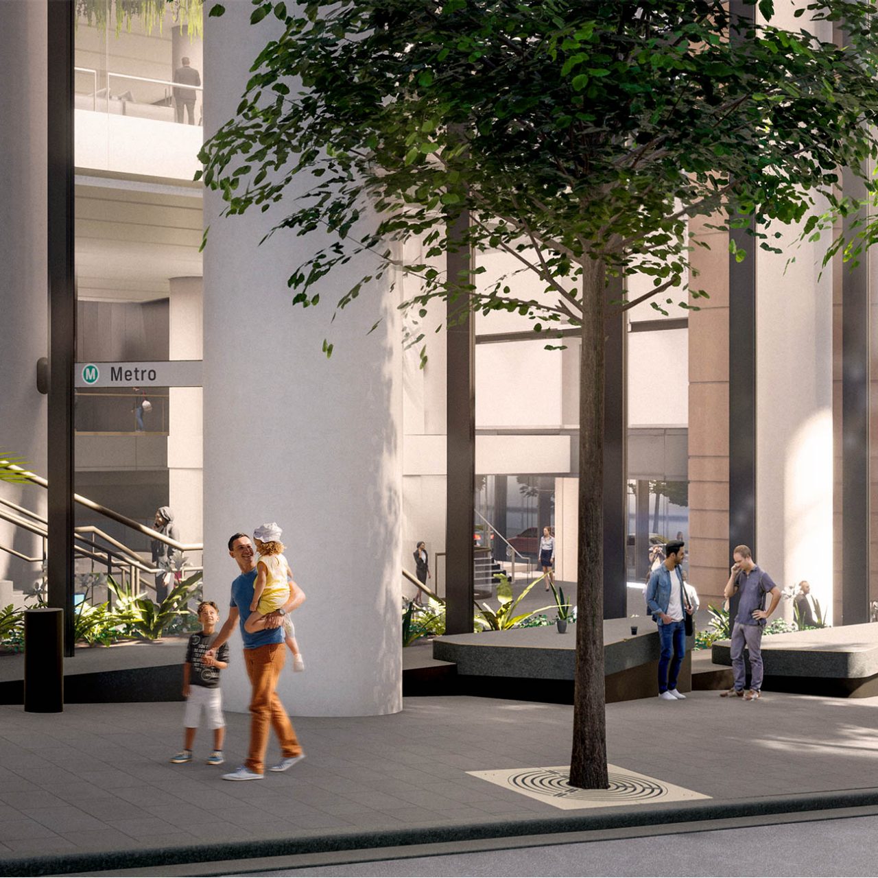 Artist's impression of north tower ground floor Hunter Street, showing light filled atrium and local plantings outside