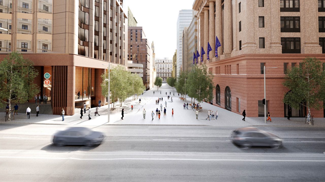 Artist's impression of the Martin Place precinct, looking west on Elizabeth Street, with south tower and station entrance on left