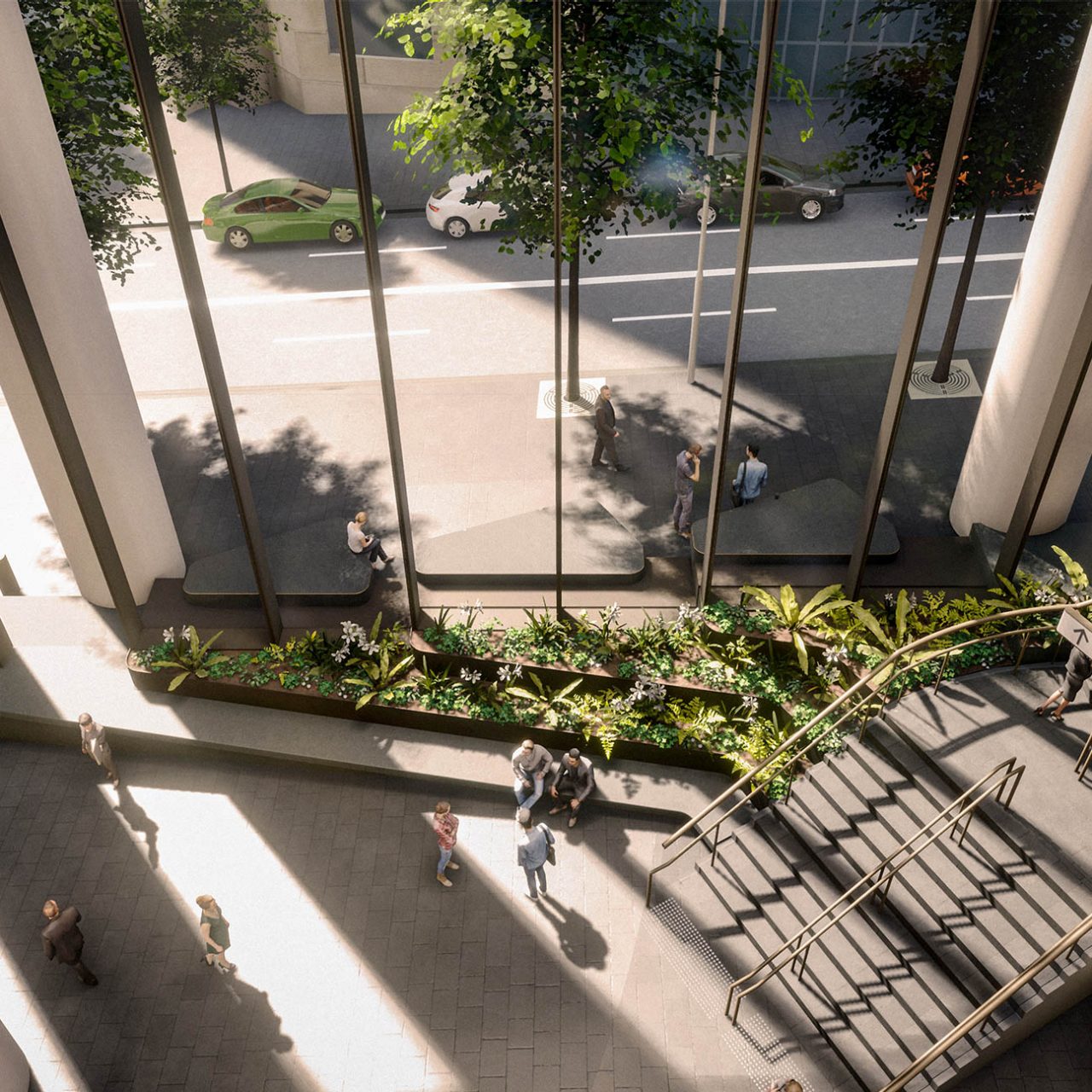 Artist's impression of ground level north tower atrium looking out onto Hunter Street, featuring native plantings and natural light