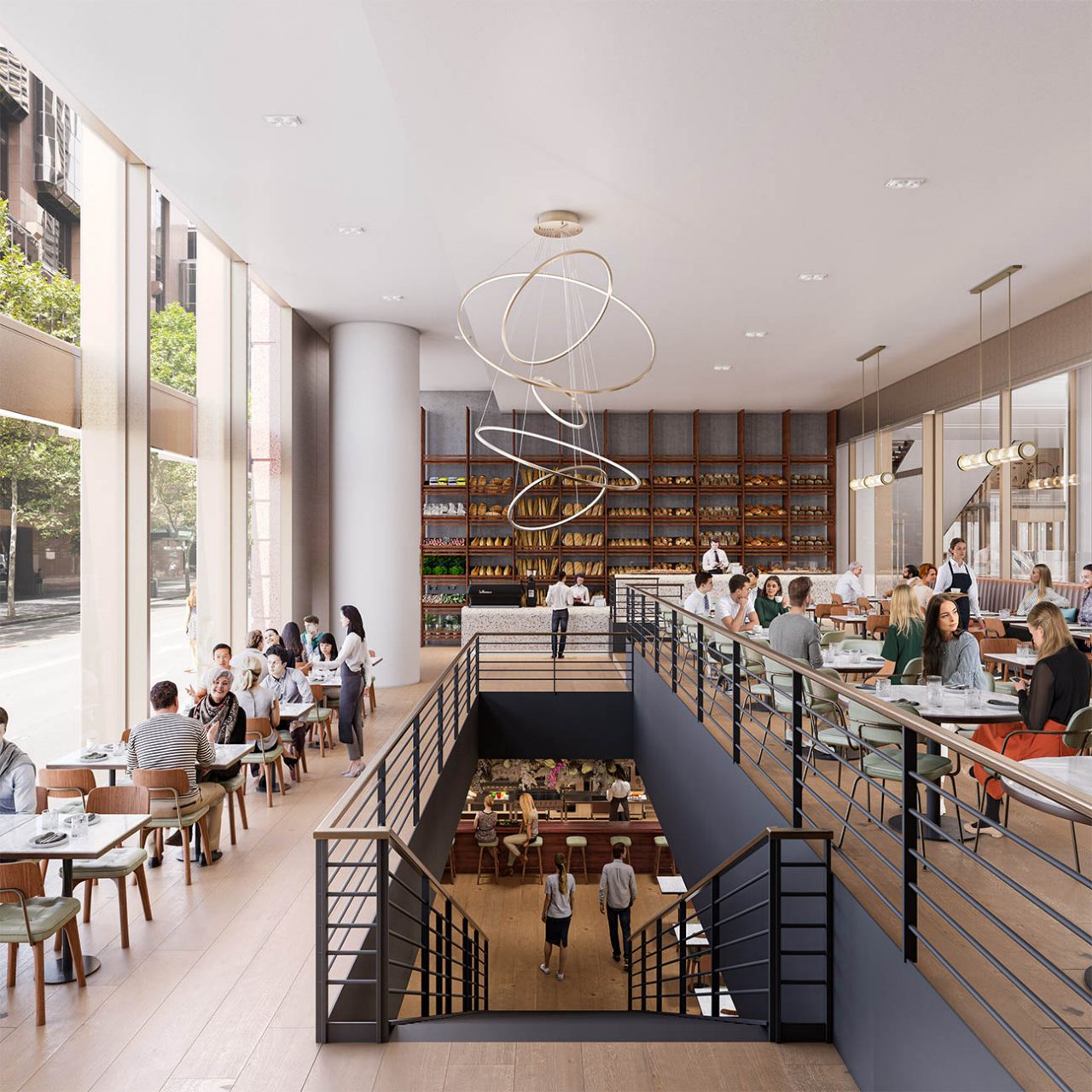 Artist's impression north tower interior retail precinct, showing dining concourse, seating areas, food and beverage locations