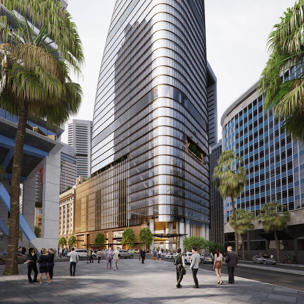 Artist's impression of daytime view of 1 Elizabeth, the north tower of the Martin Place precinct, from Chifley Square